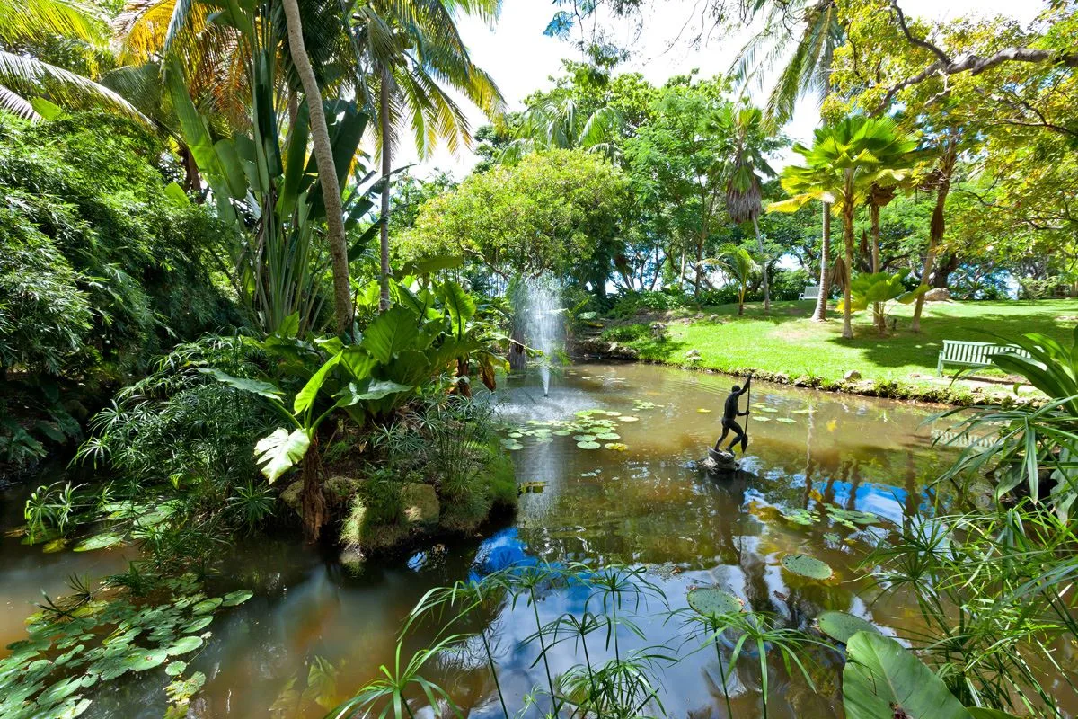 A garden pond with a small fountain is surrounded by lush greenery.