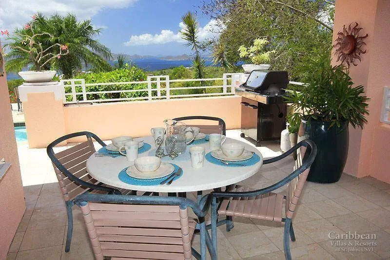 A patio dining area with a set table, grill, and distant mountain view.