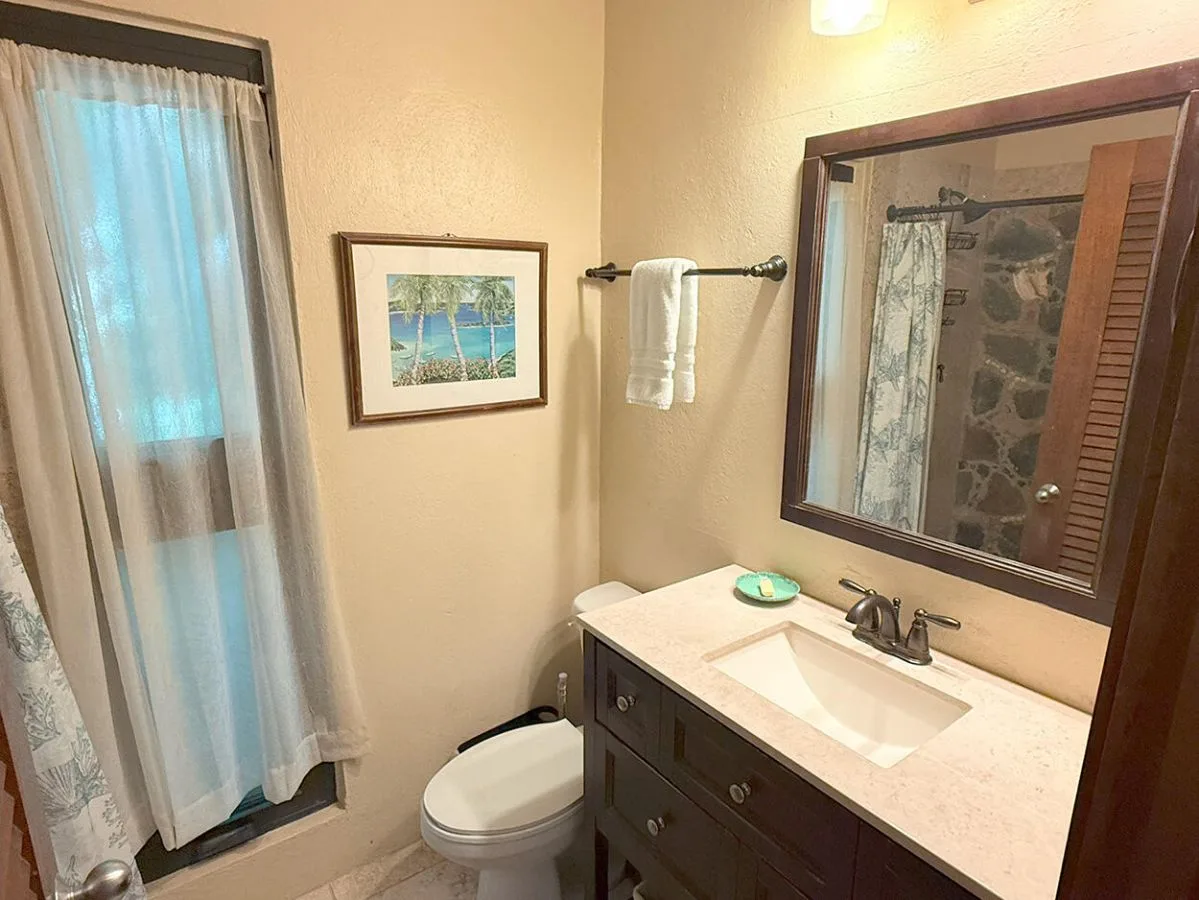 Un baño con lavabo, inodoro y una ventana con cortina.