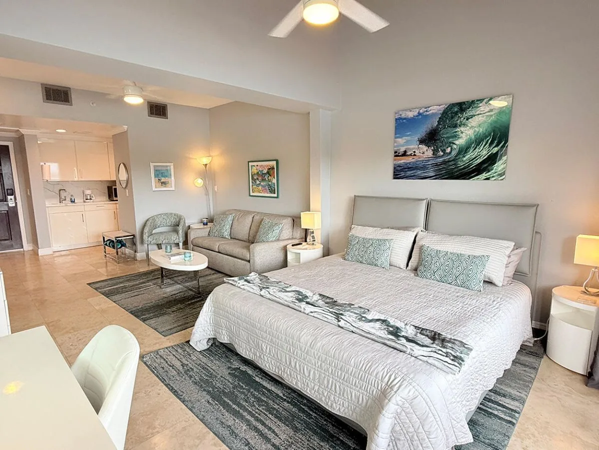 Un dormitorio luminoso con una cama grande, una zona de estar y una pequeña cocina.