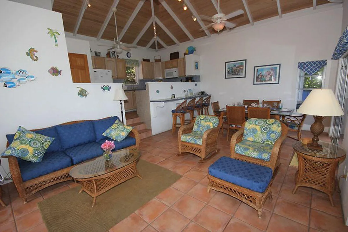 Una sala de estar y comedor con asientos de mimbre, un sofá azul y una cocina abierta.
