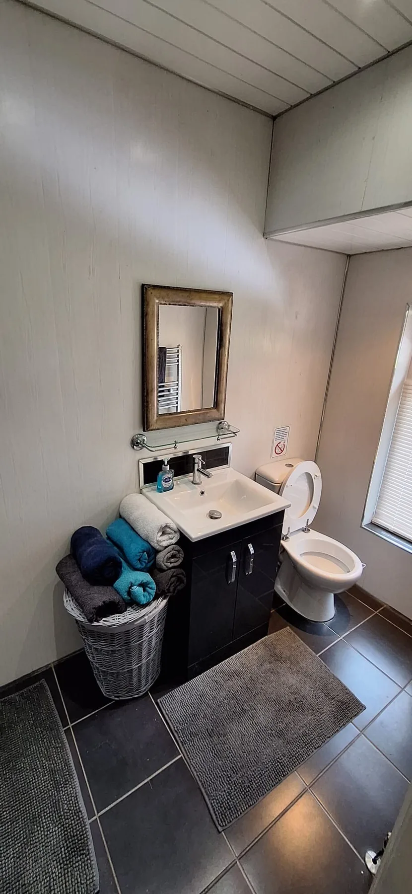 A compact bathroom with a vanity, mirror, and toilet beside a window.