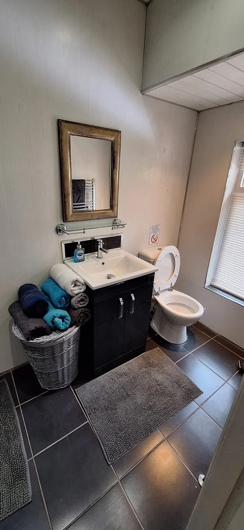 A bathroom with a sink vanity, mirror, and toilet beside a window.