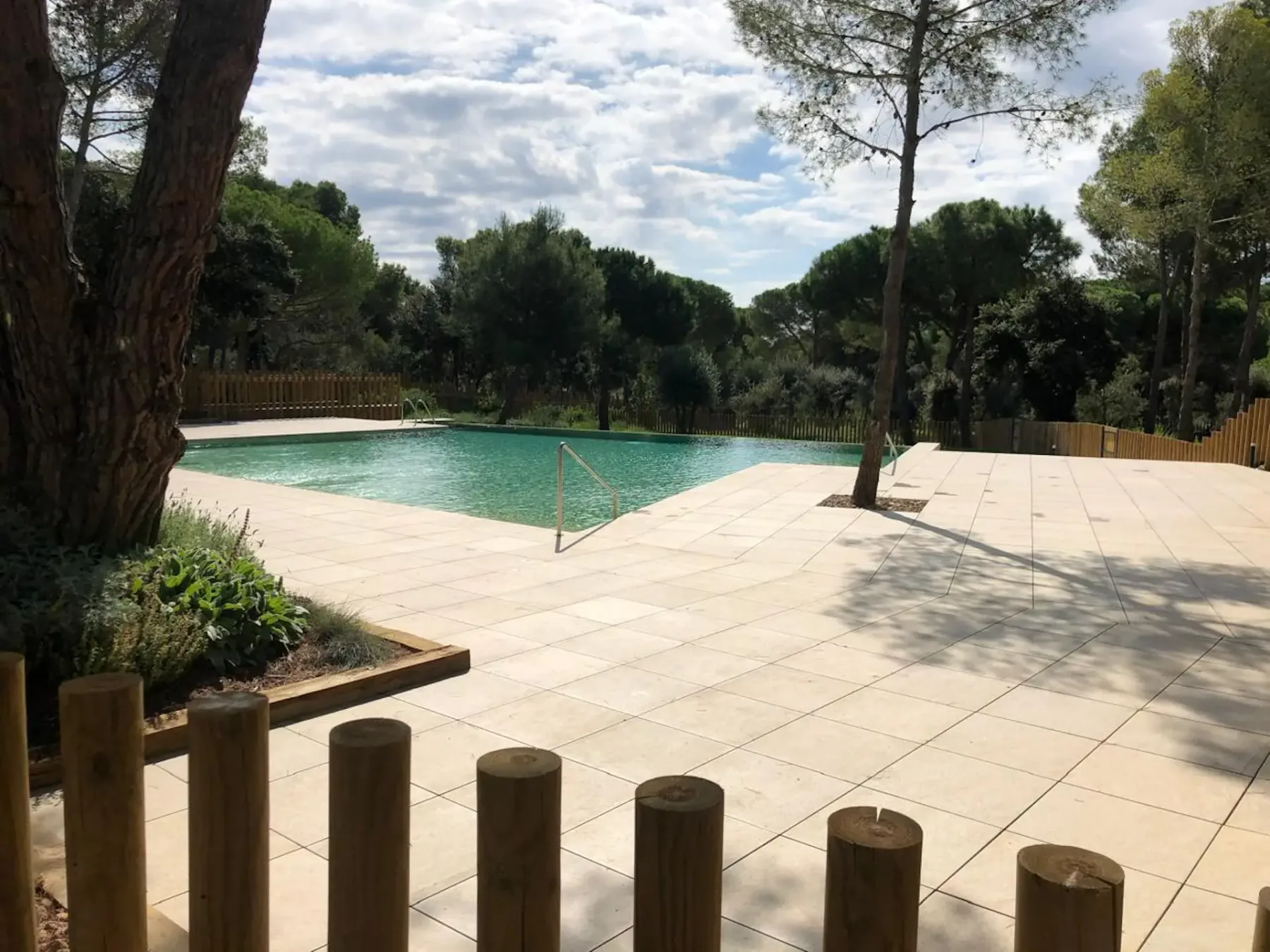 Shared amenity: An outdoor swimming pool with a paved deck and trees.