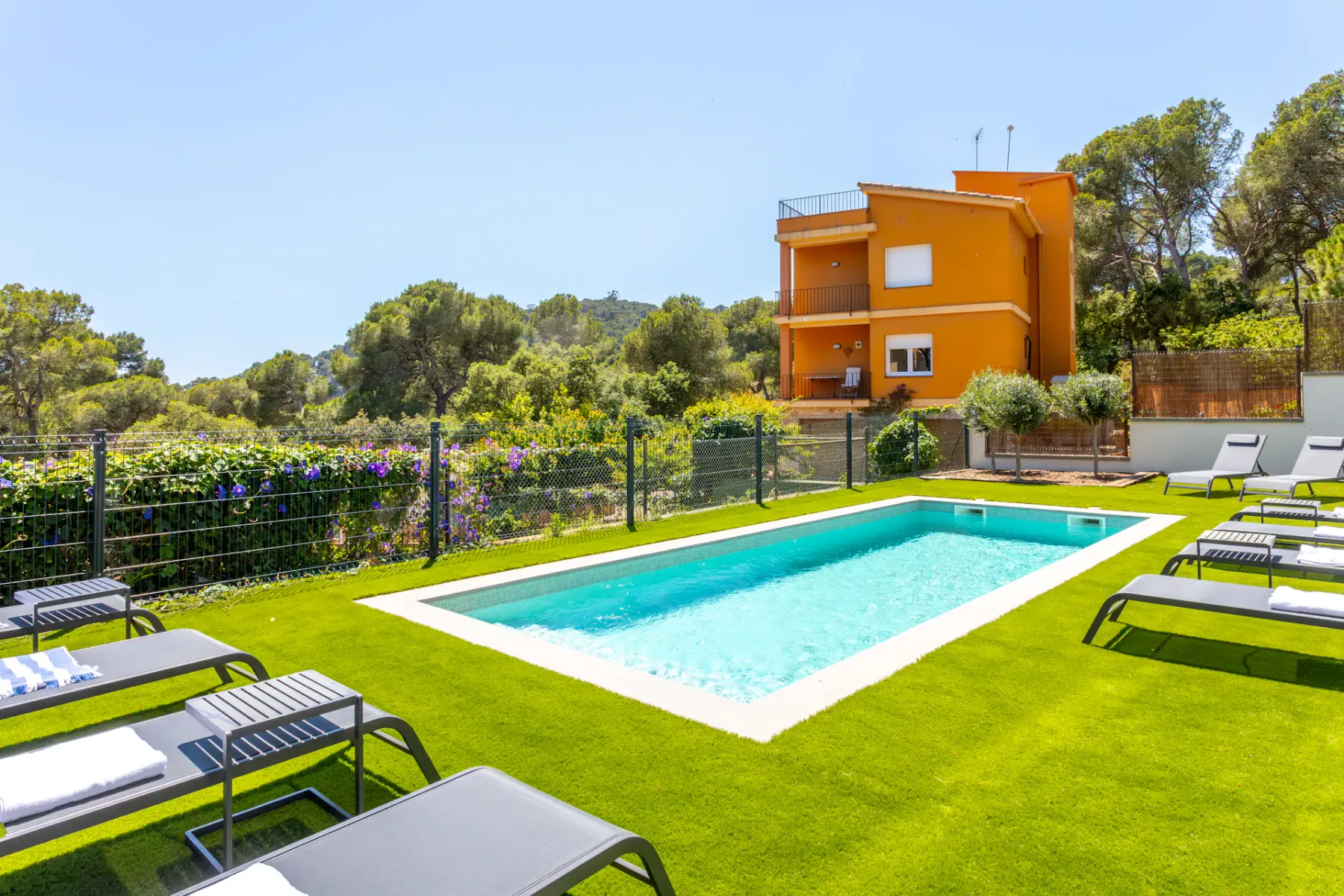 Shared amenity: An outdoor swimming pool is surrounded by green lawn and sun loungers.