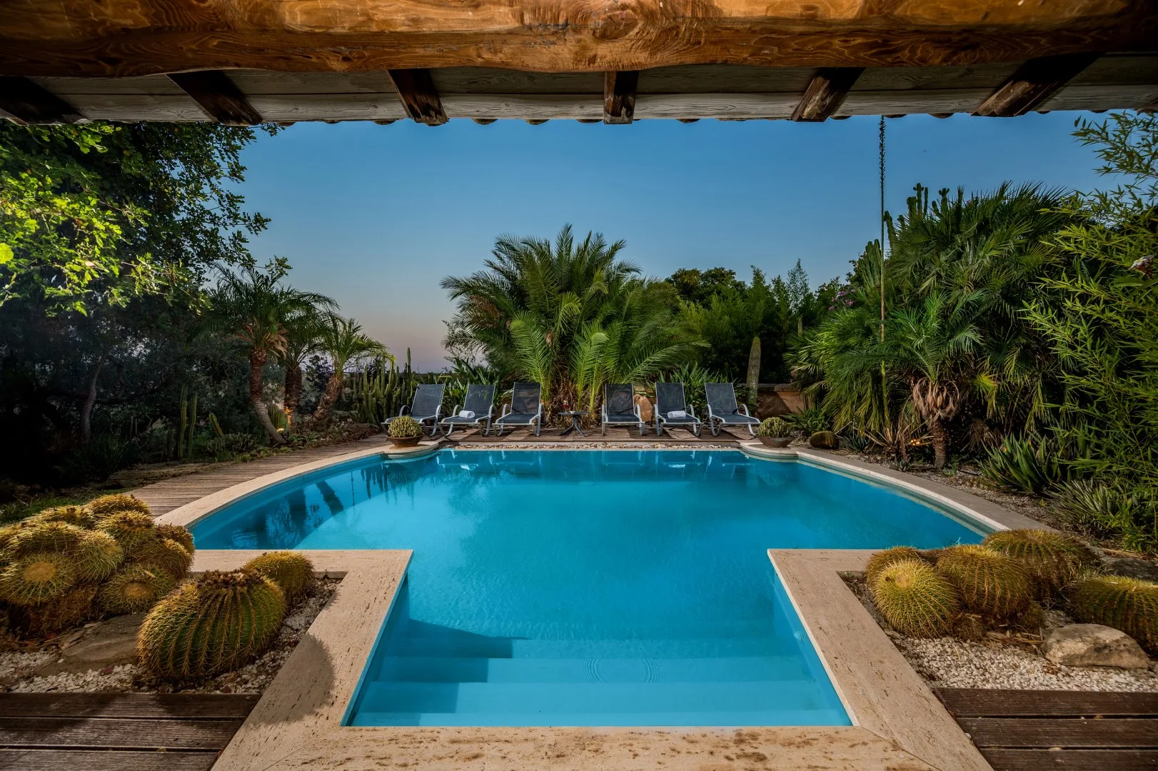 Una piscina está rodeada de vegetación frondosa y varias tumbonas.