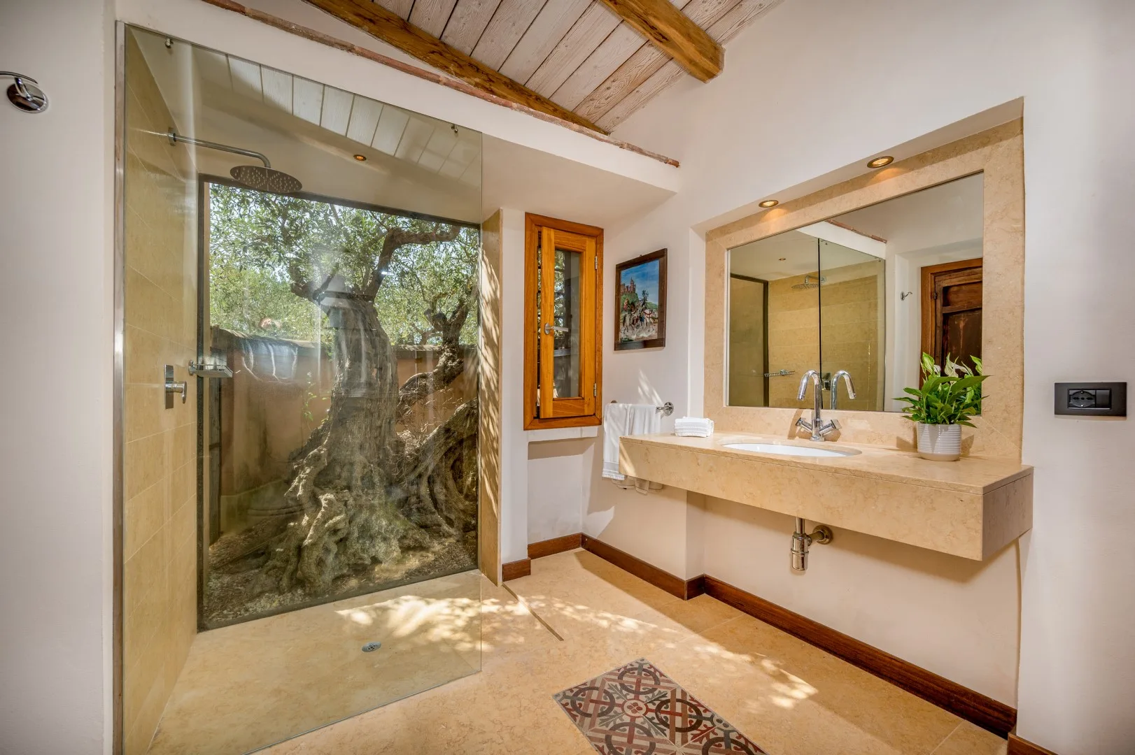 Un baño con una ducha de vidrio y un amplio lavabo bajo un espejo grande.