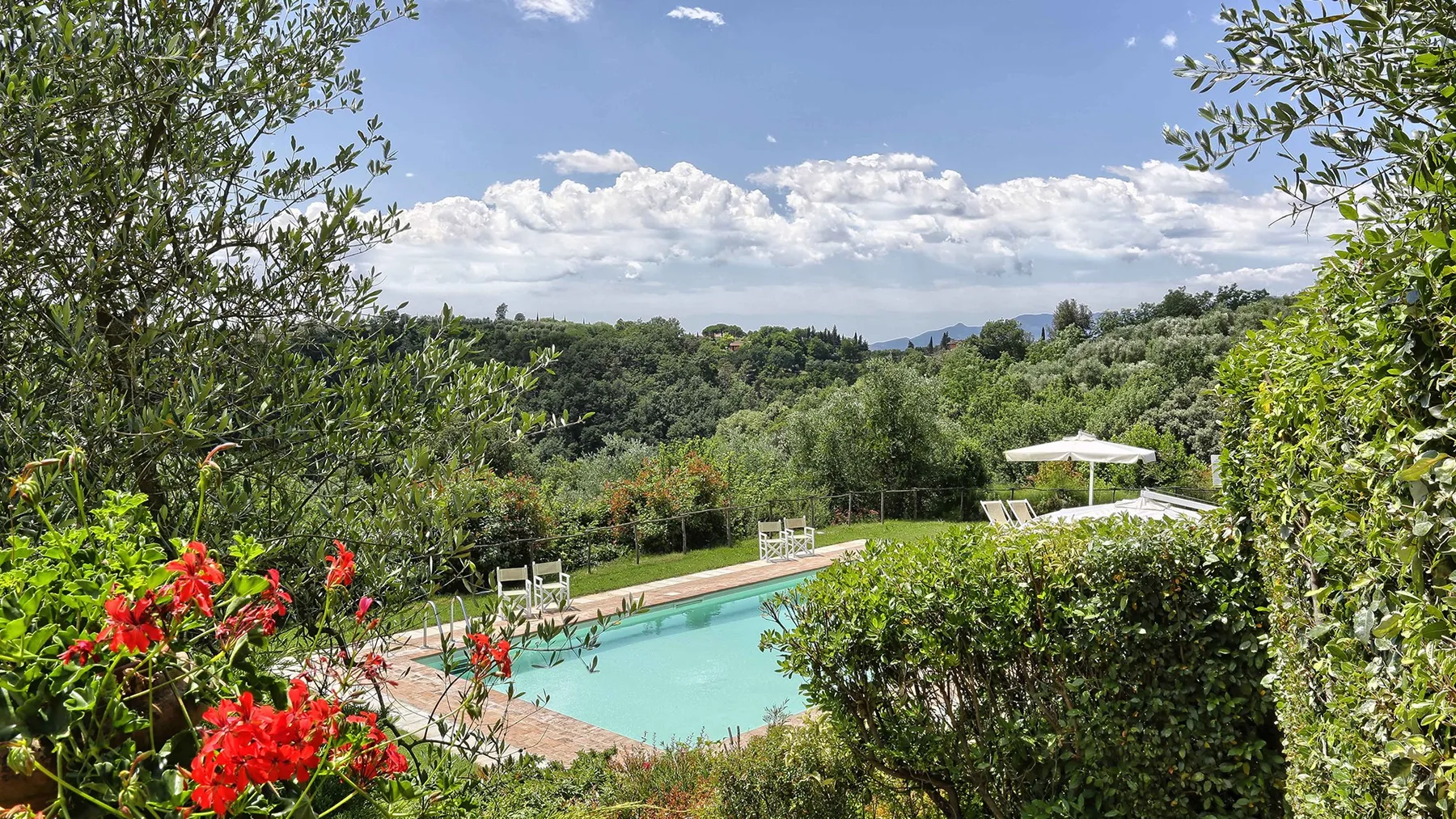 An outdoor swimming pool is surrounded by greenery beneath a partly cloudy sky.