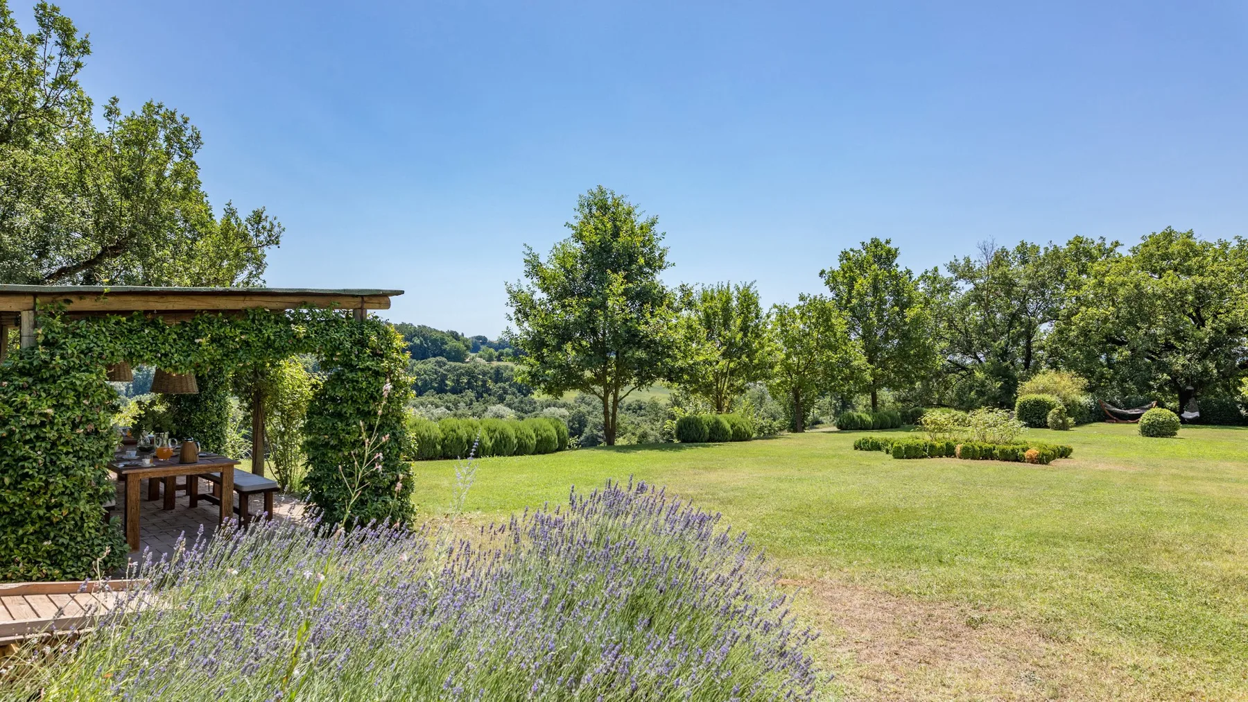 A landscaped garden with an open lawn, trees, and flowering plants.
