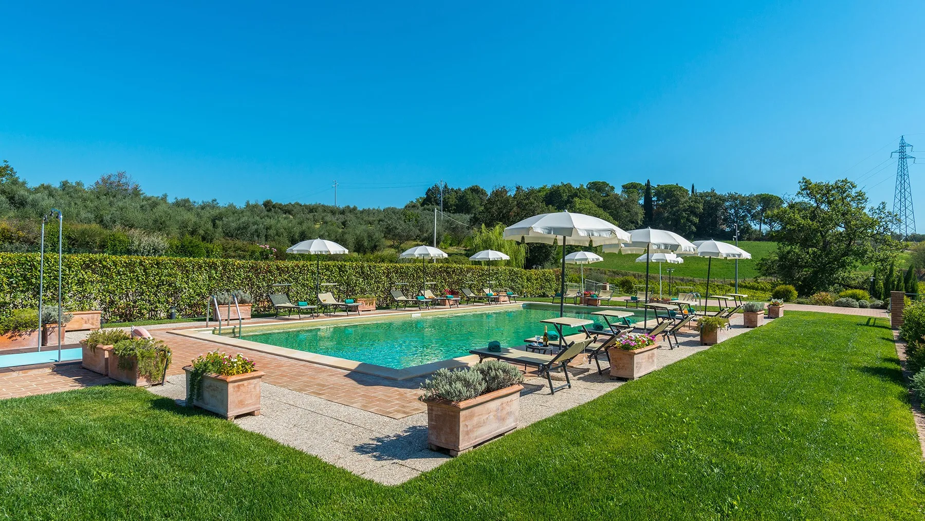 An outdoor swimming pool is surrounded by loungers, umbrellas, and green lawn.
