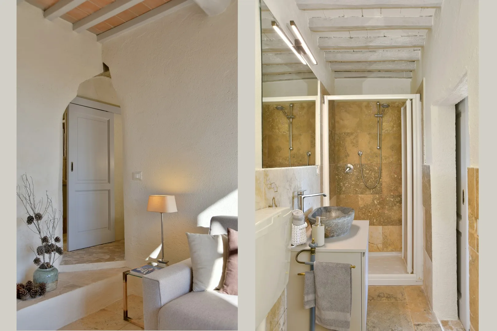 Una luminosa sala de estar junto a un baño con ducha revestida de piedra.