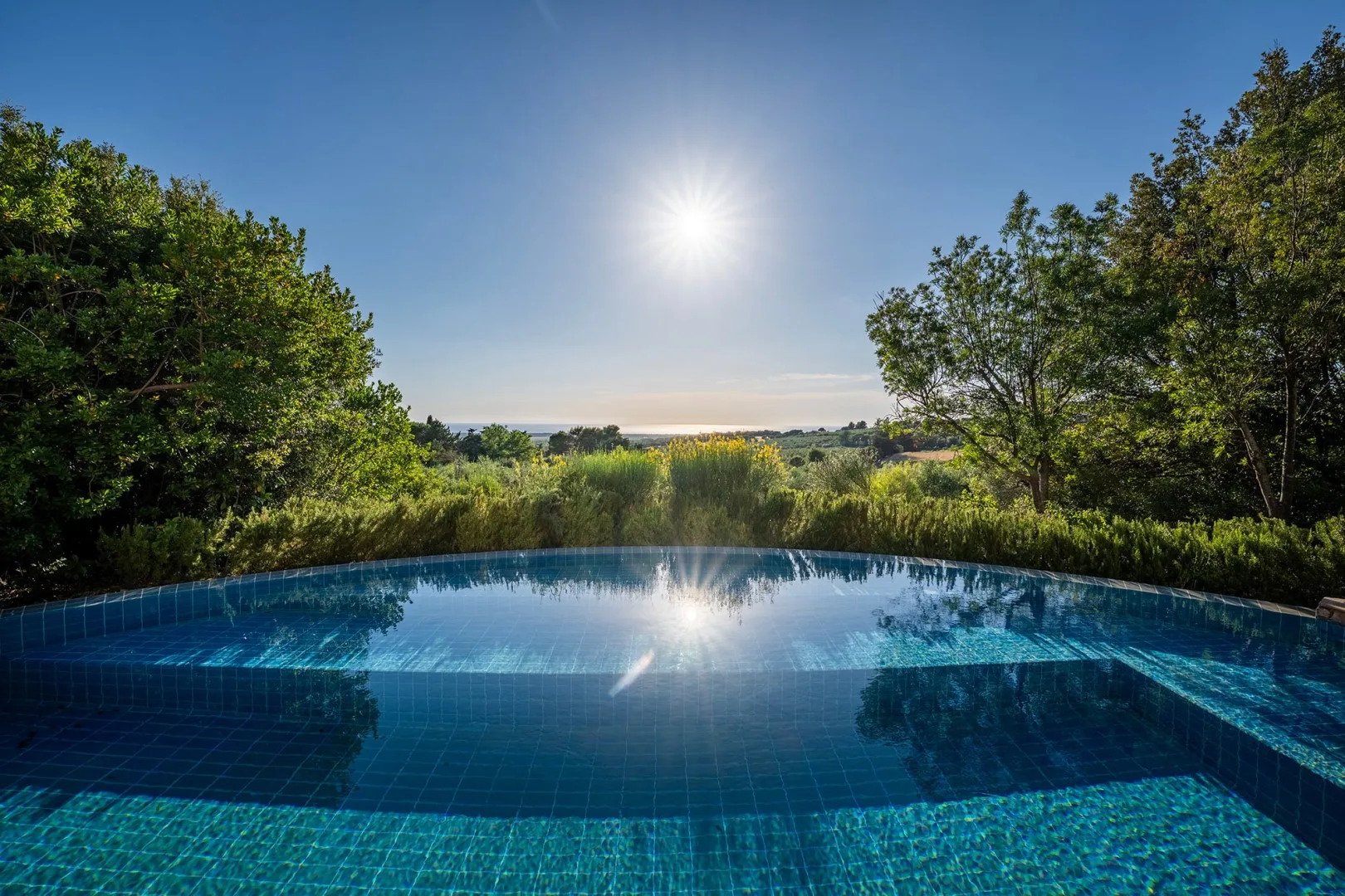 Una piscina curva refleja el sol brillante, con árboles y vegetación al fondo.