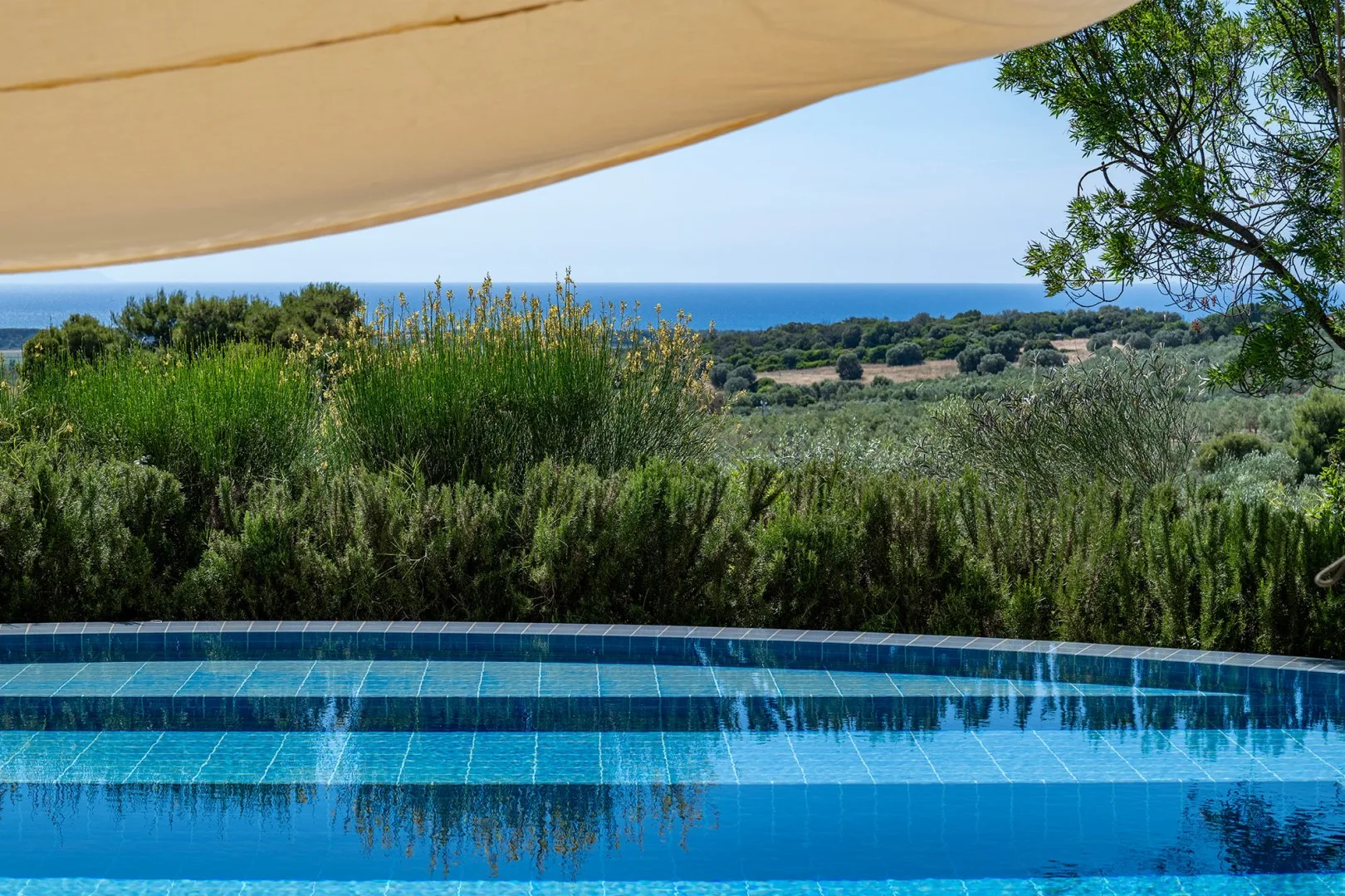 Una piscina da a la vegetación costera y al mar bajo un toldo.