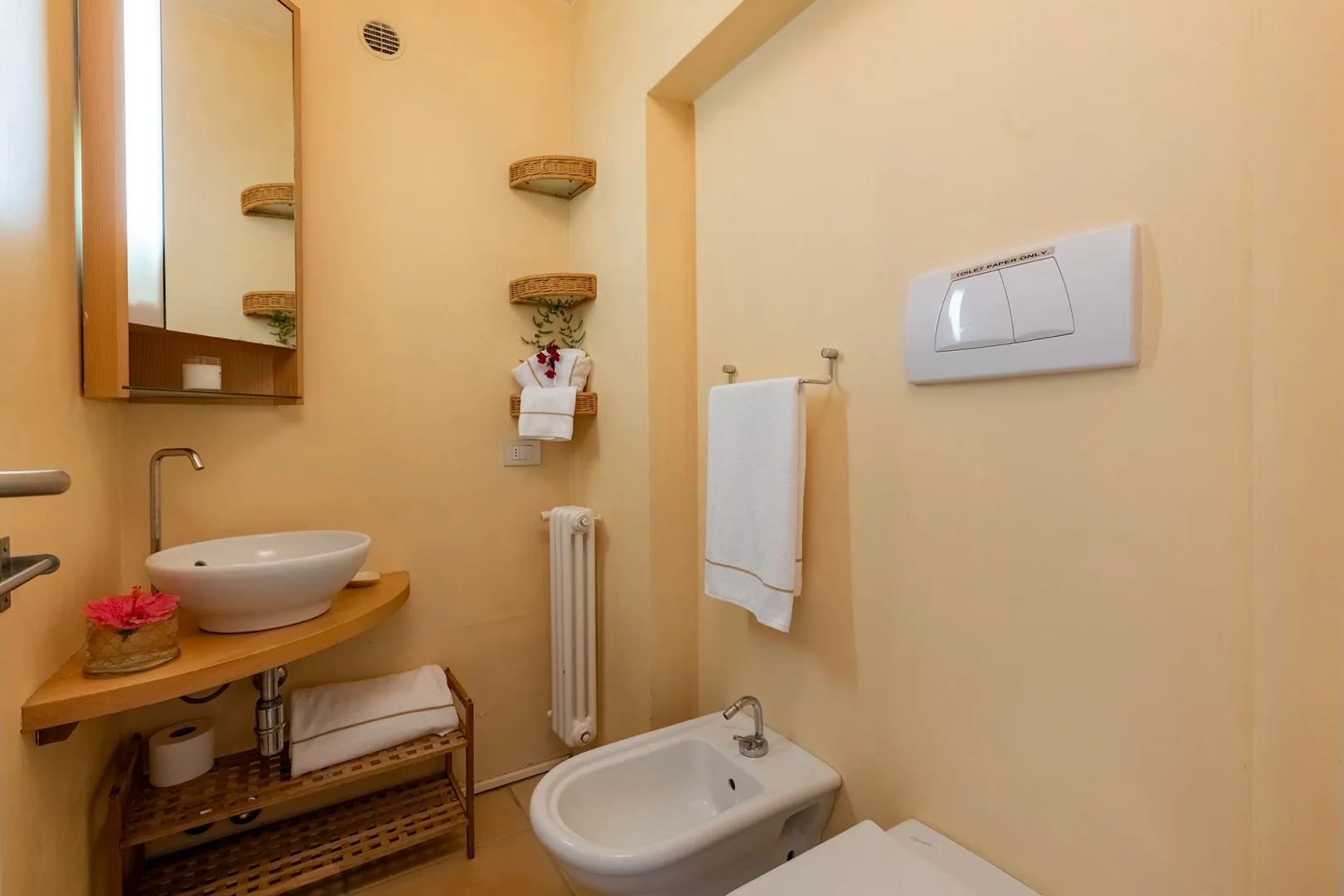 Un baño con espejo de pared, lavabo y una toalla junto al bidé.