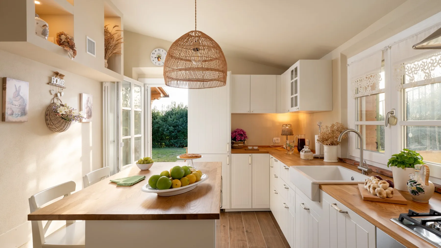 Una cocina luminosa con armarios blancos, encimeras de madera y una mesa de comedor.