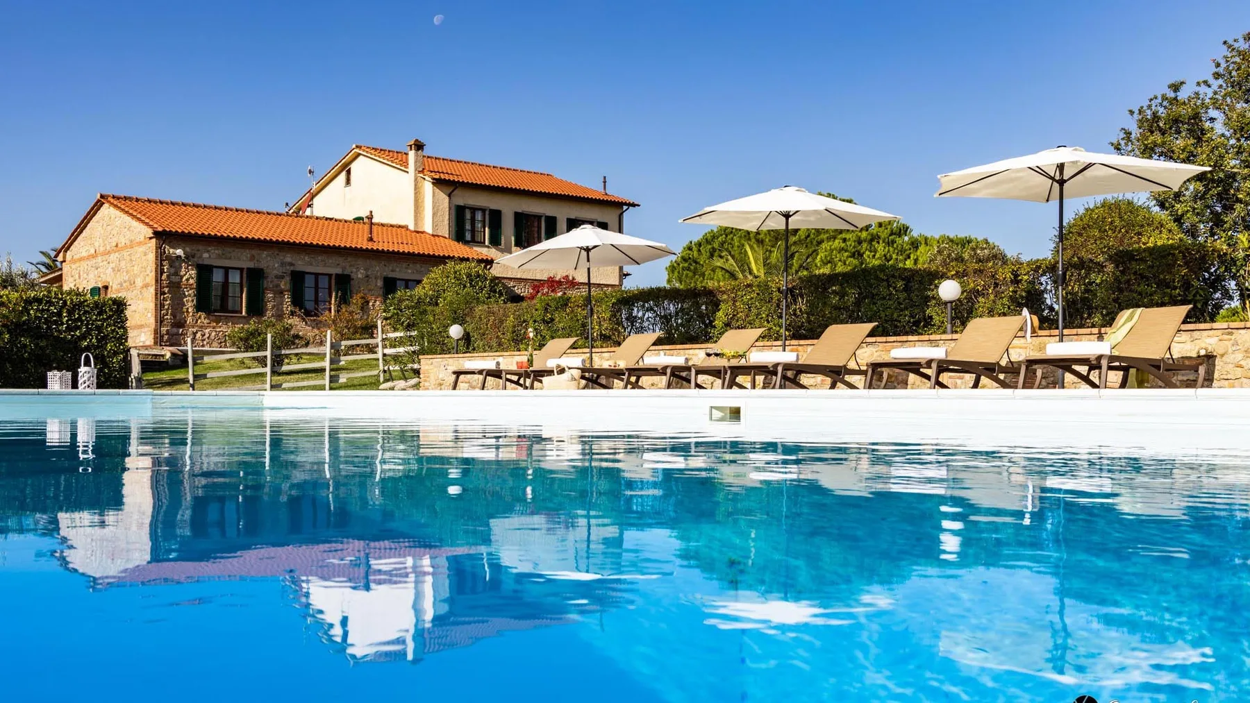 A swimming pool beside a building, with lounge seating and umbrellas along the deck.