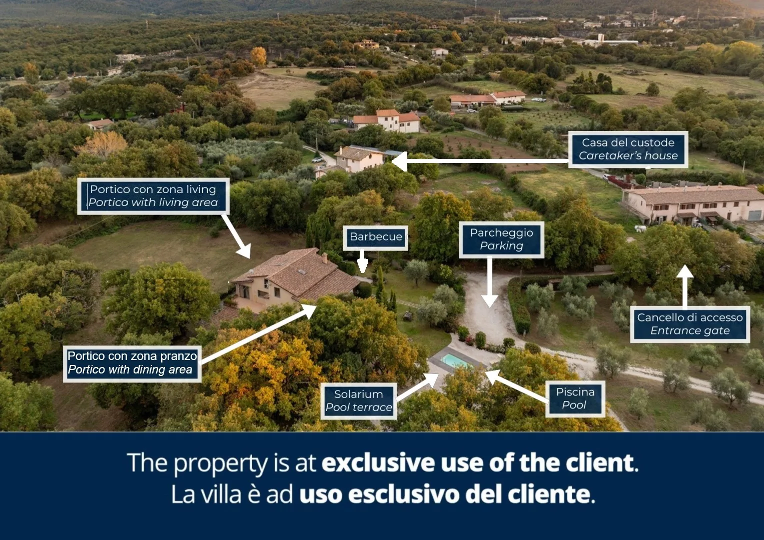 An aerial view of a countryside property surrounded by trees and open fields.
