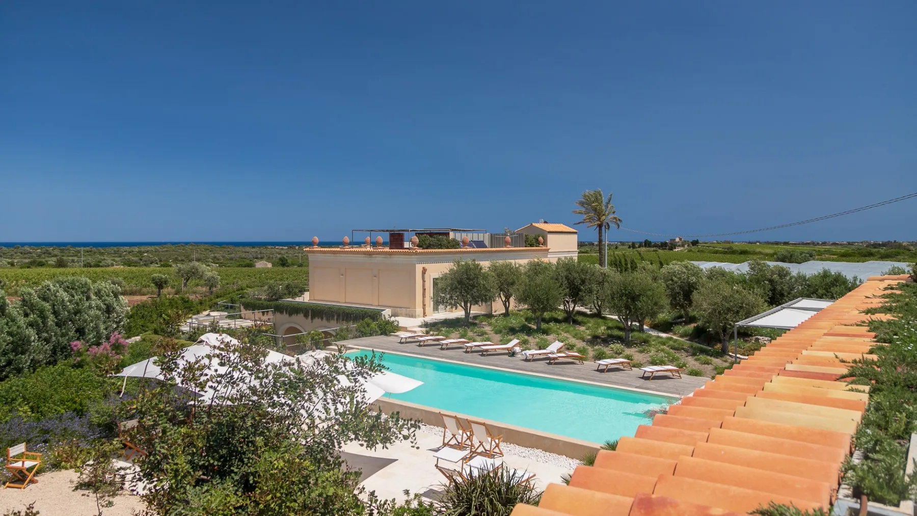 A landscaped outdoor pool area with lounge seating and low buildings.