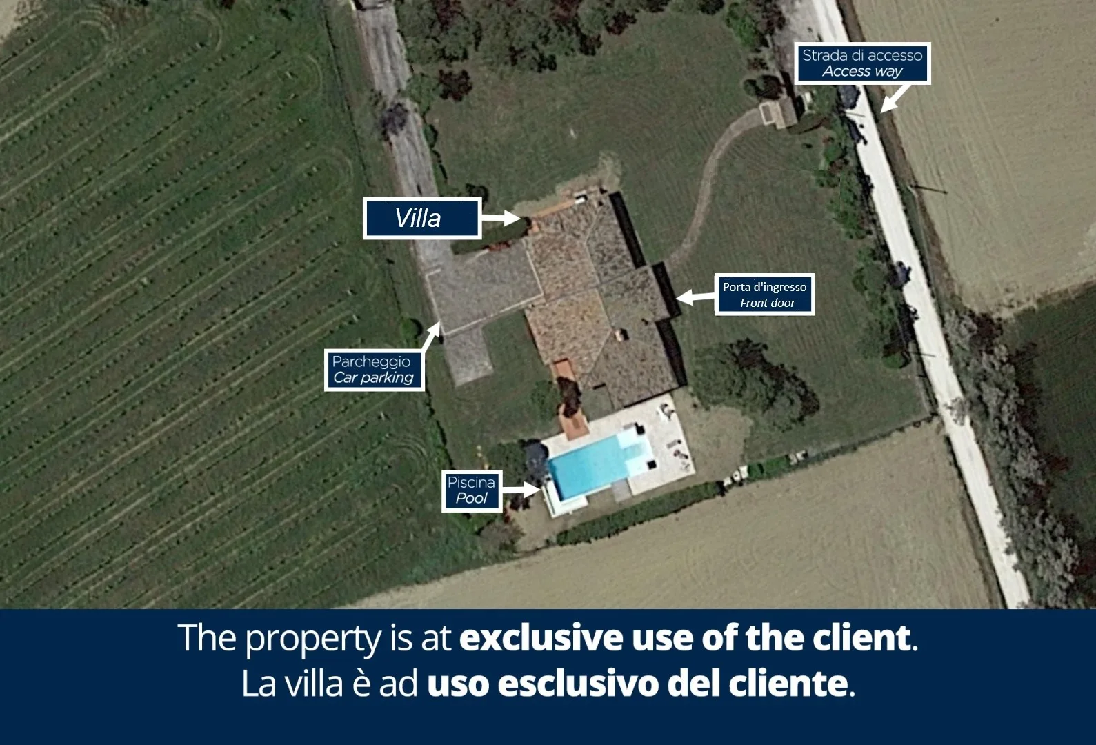 An aerial view shows a villa, swimming pool, parking area, and access road amid open fields.