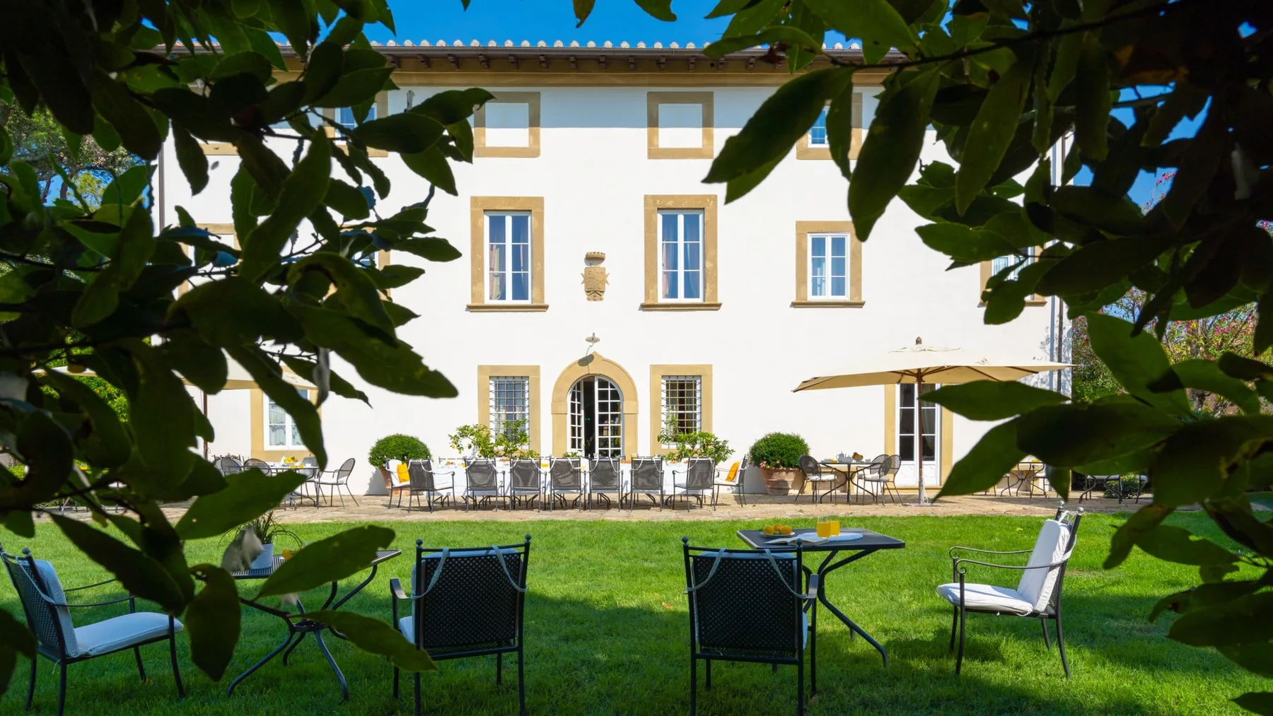 A lawn with outdoor seating faces a white building beneath leafy branches.