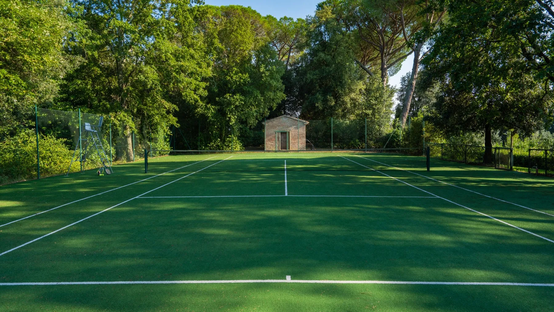 A green tennis court sits among trees, with a small shed beyond the net.