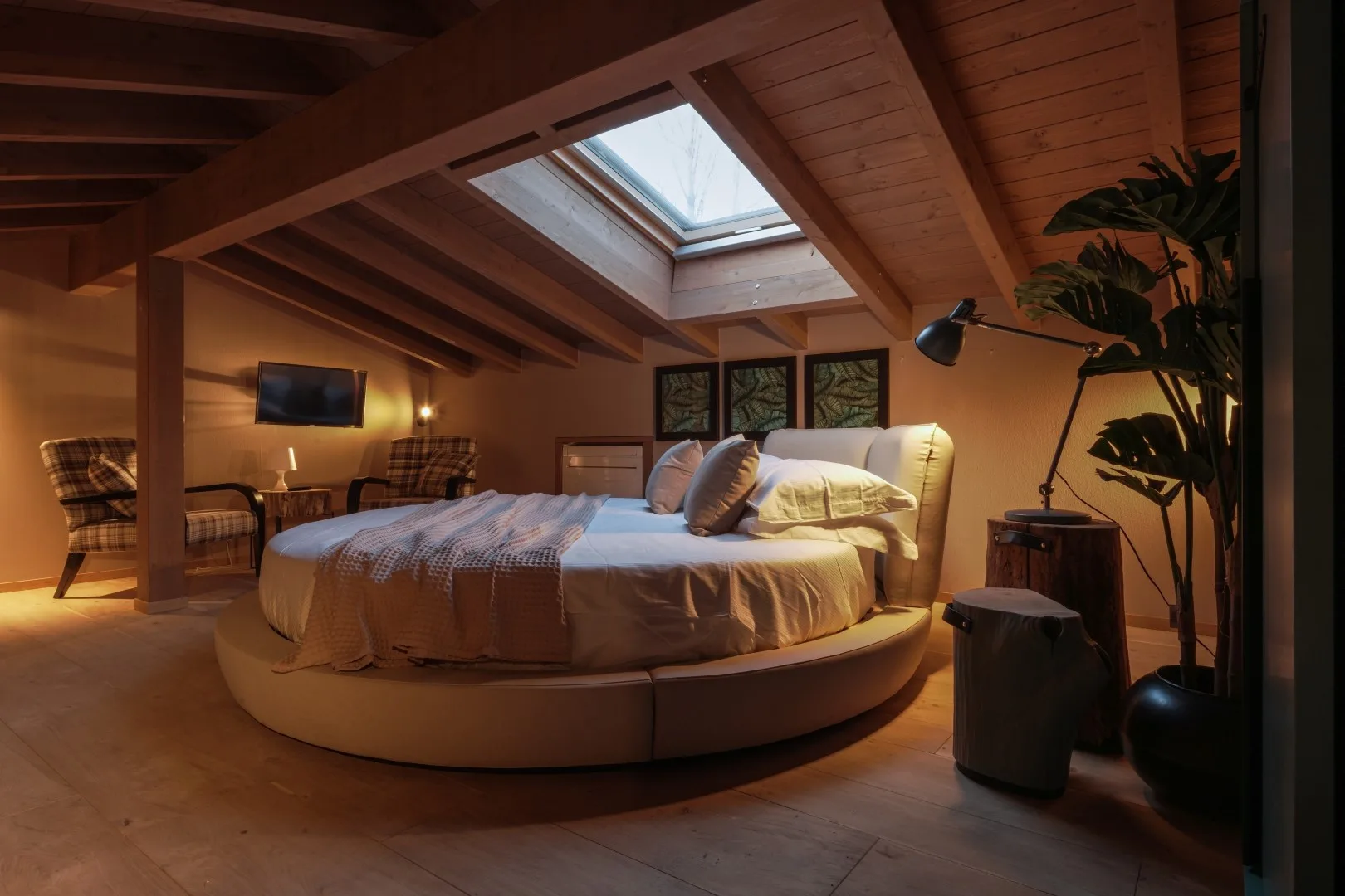 A bedroom with a round bed beneath a sloped wooden ceiling and skylight.