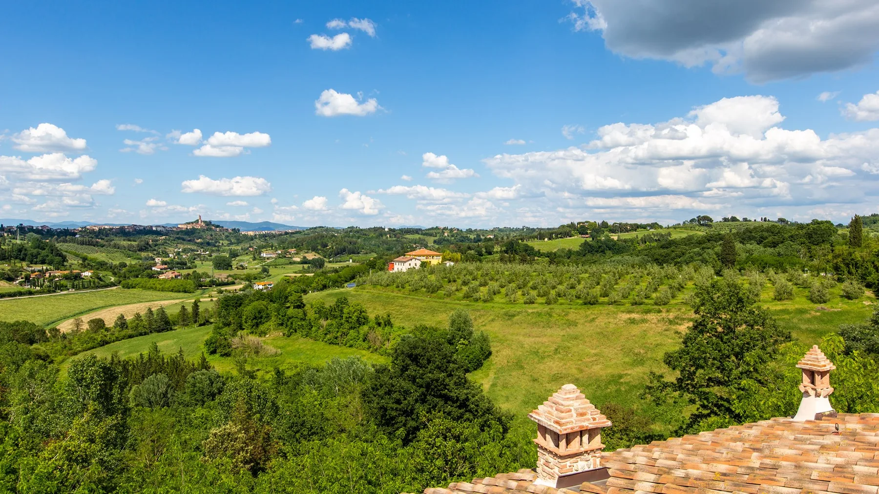 A rural landscape of rolling green fields and scattered trees beneath a cloudy sky.