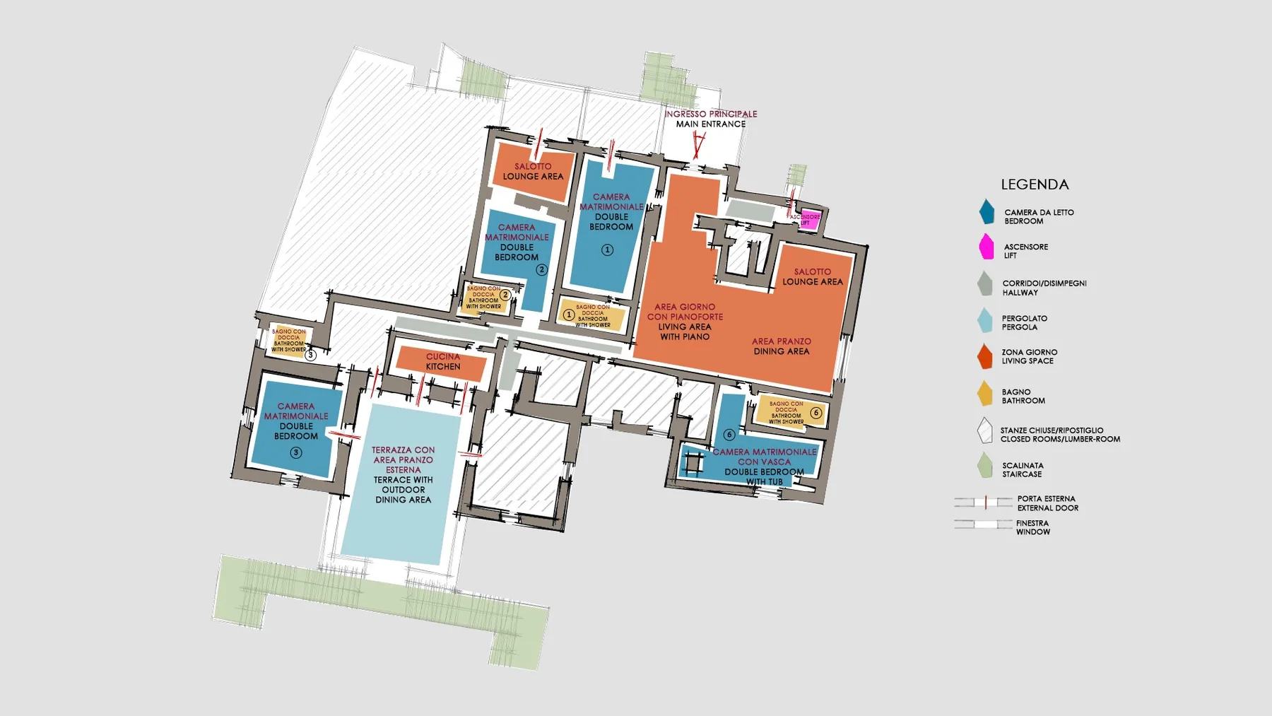 Un plano de planta con habitaciones y servicios codificados por colores y una leyenda a la derecha.