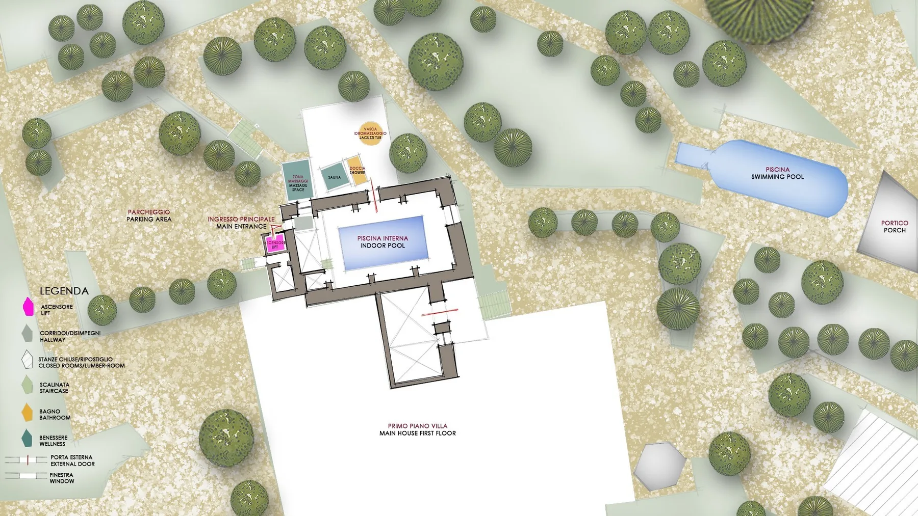 Un plano del terreno muestra áreas ajardinadas, la distribución de un edificio y una piscina.