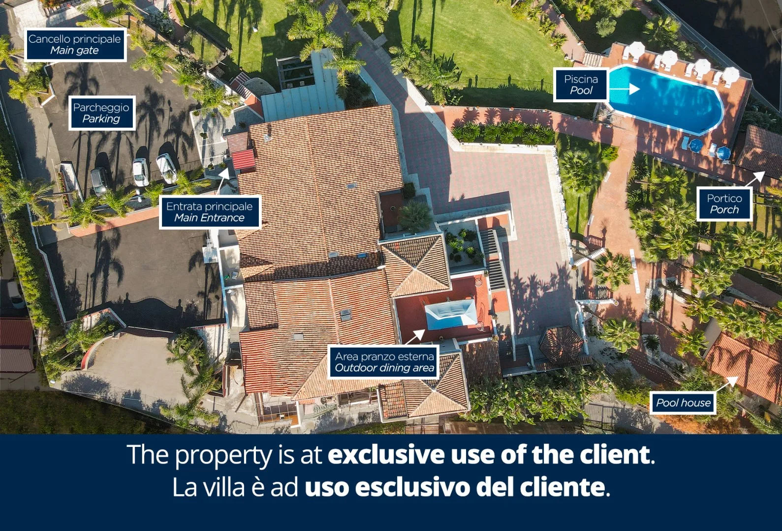 Vista aérea de una villa con piscina, zona de estacionamiento y comedor al aire libre.
