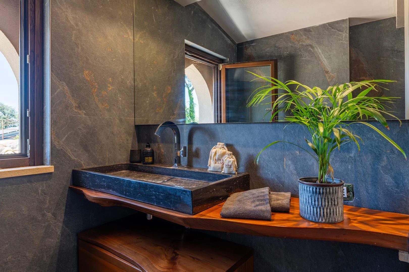 A bathroom vanity with a dark sink, countertop, and potted plant.