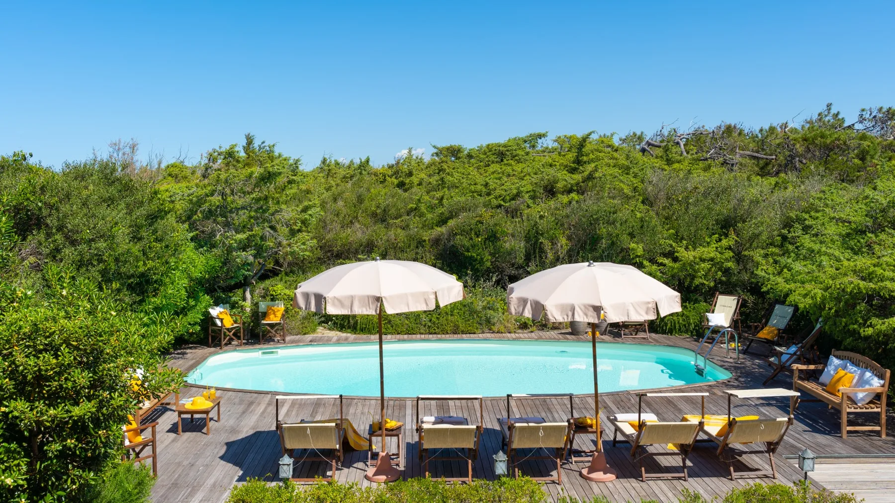 A swimming pool surrounded by a wooden deck and greenery.