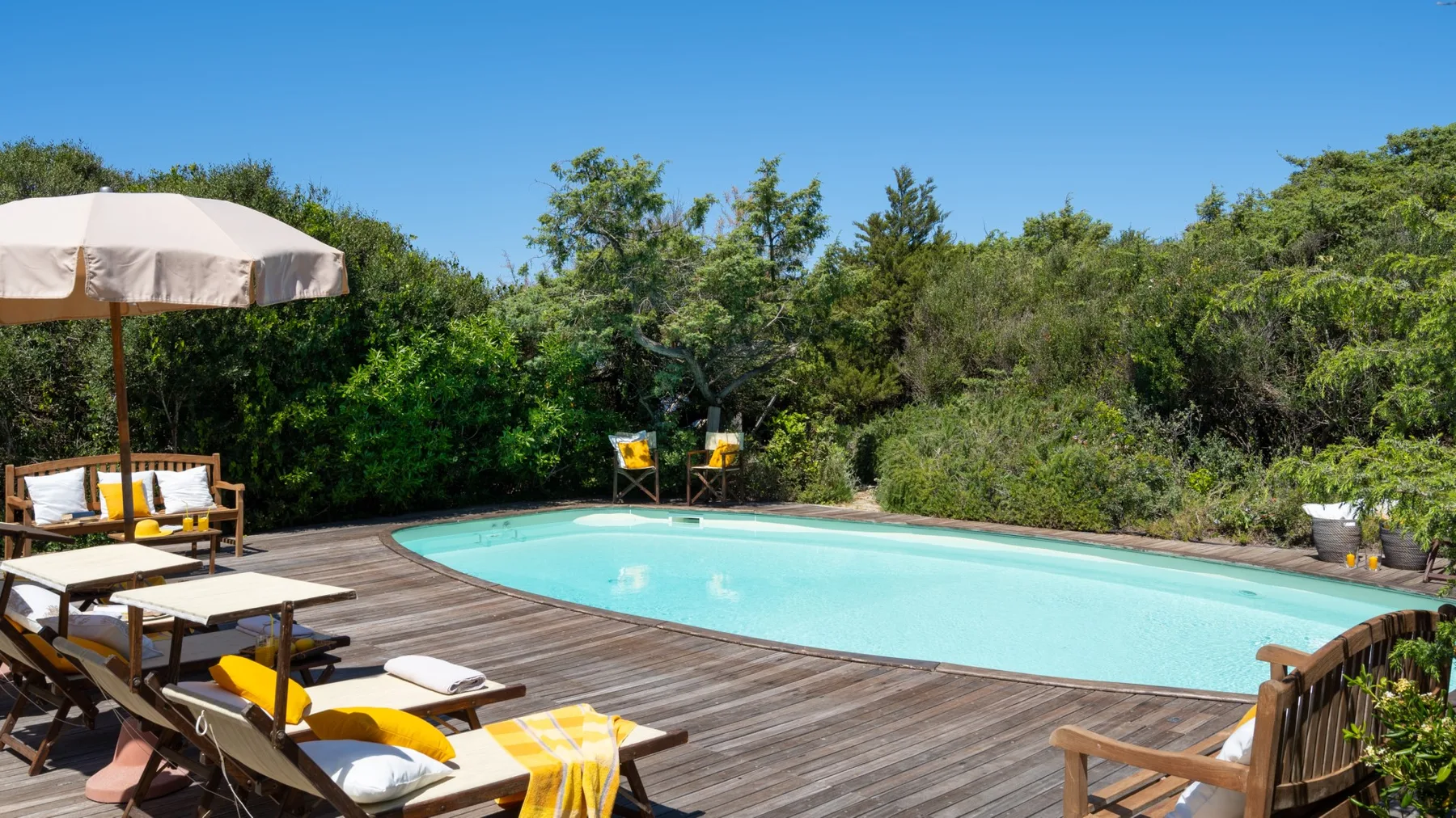 An outdoor swimming pool is surrounded by a wooden deck and greenery.