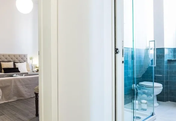 A bedroom and bathroom are visible, with a bed beside a glass shower.