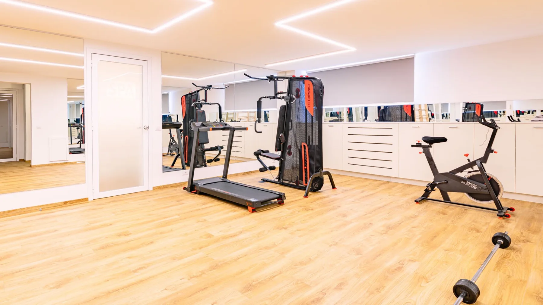 Un gimnasio en casa con equipo de ejercicio y suelo de madera clara.