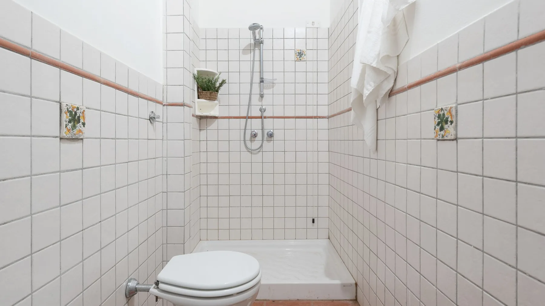 Un baño alicatado con un inodoro y una ducha al fondo.