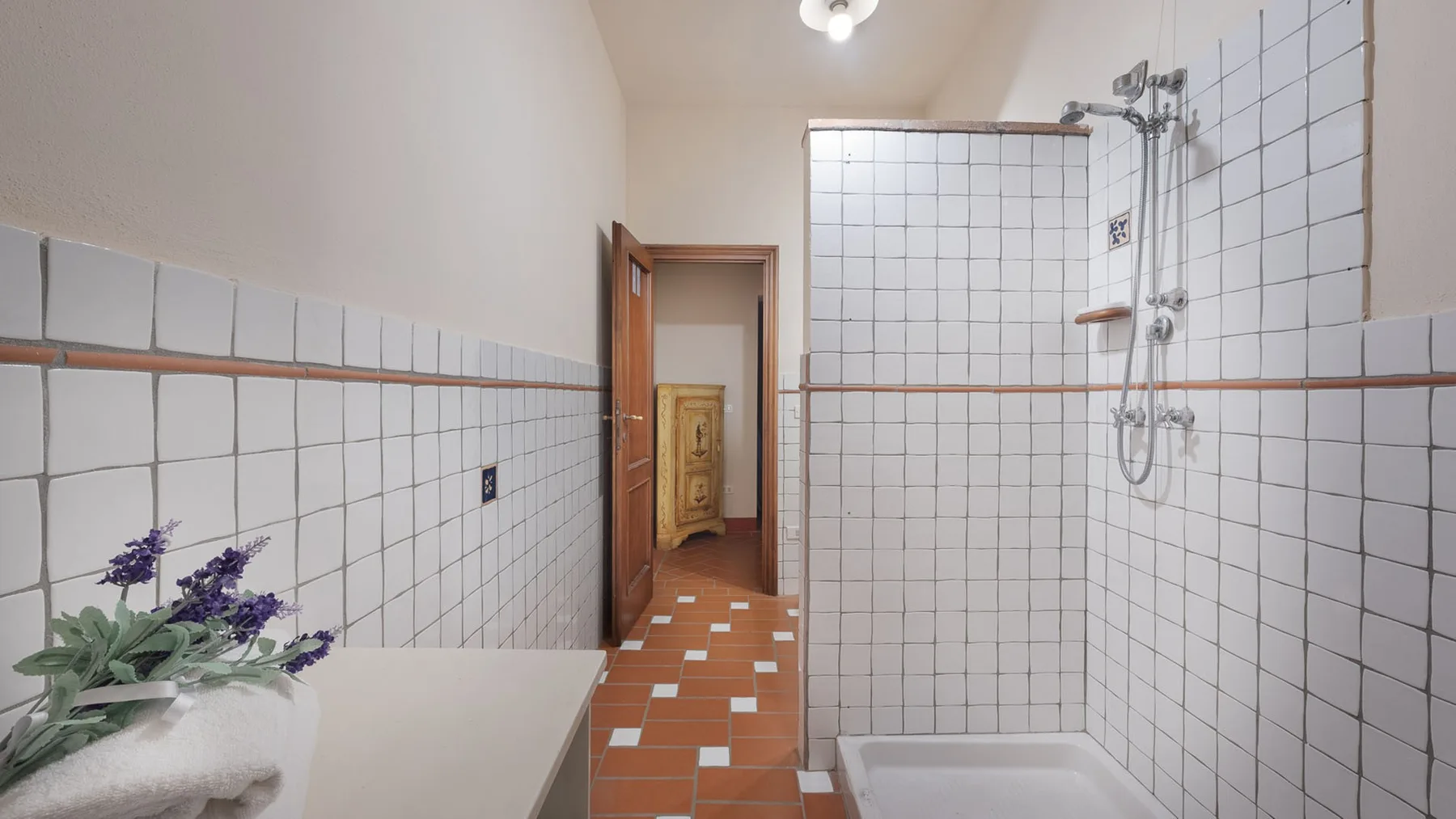 Un baño alicatado con ducha y una puerta abierta.