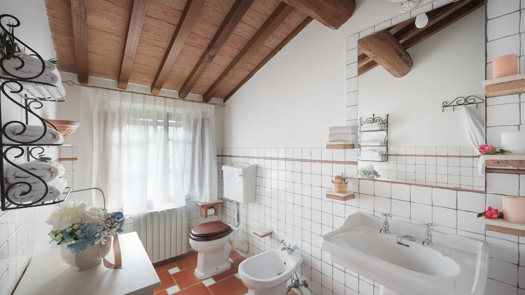 Un baño alicatado con bañera, bidé y ventana bajo un techo con vigas de madera.
