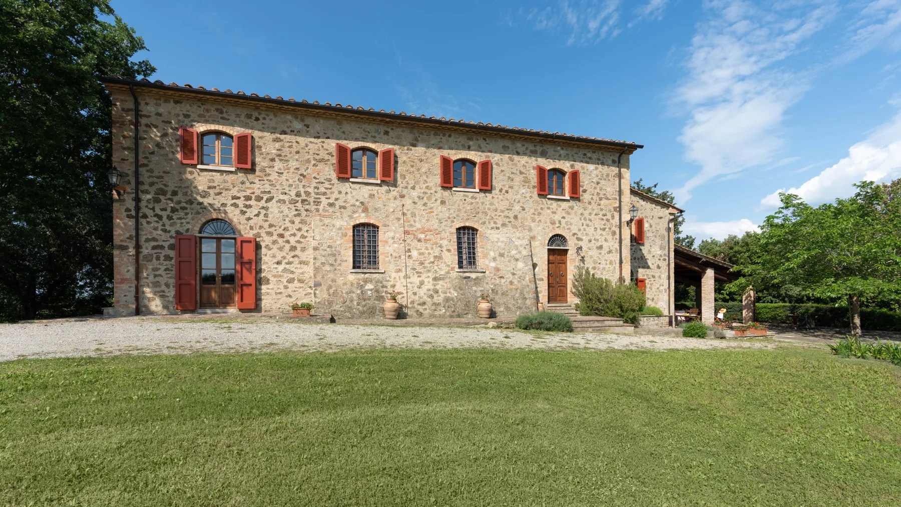 A stone building stands beside a broad lawn under a blue sky.