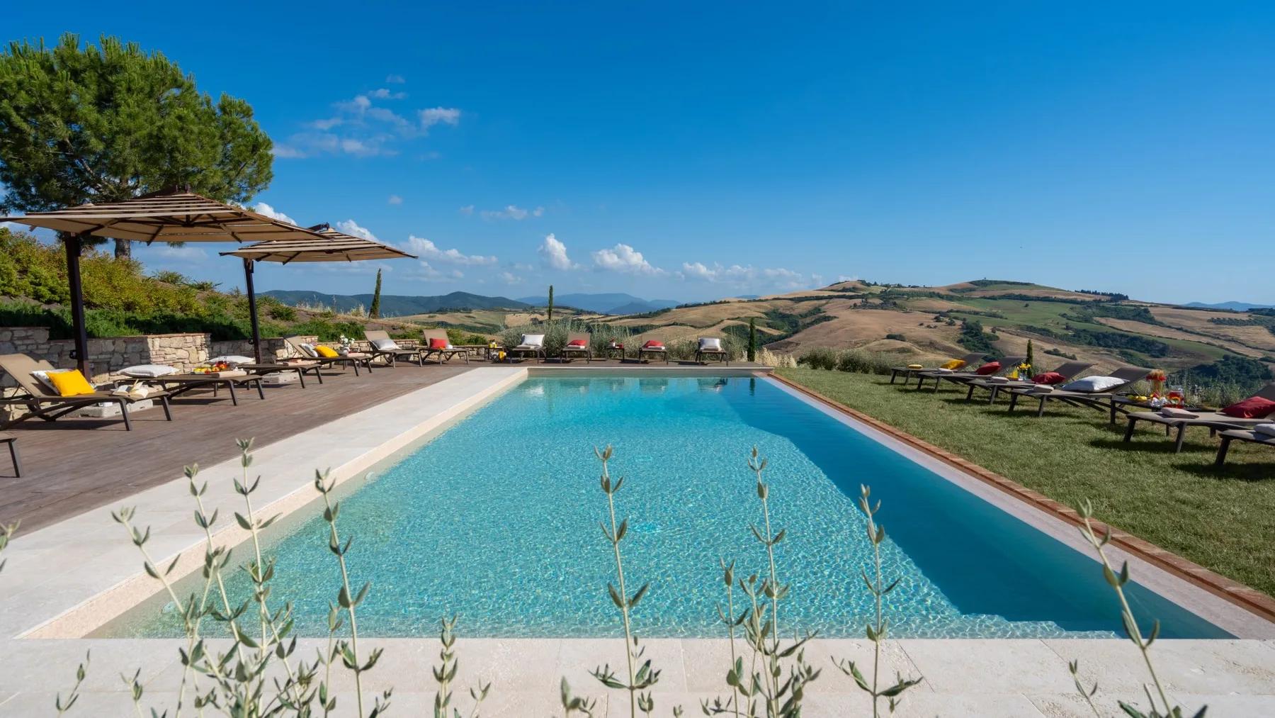 An outdoor swimming pool overlooks rolling hills, with loungers and umbrellas along the deck.