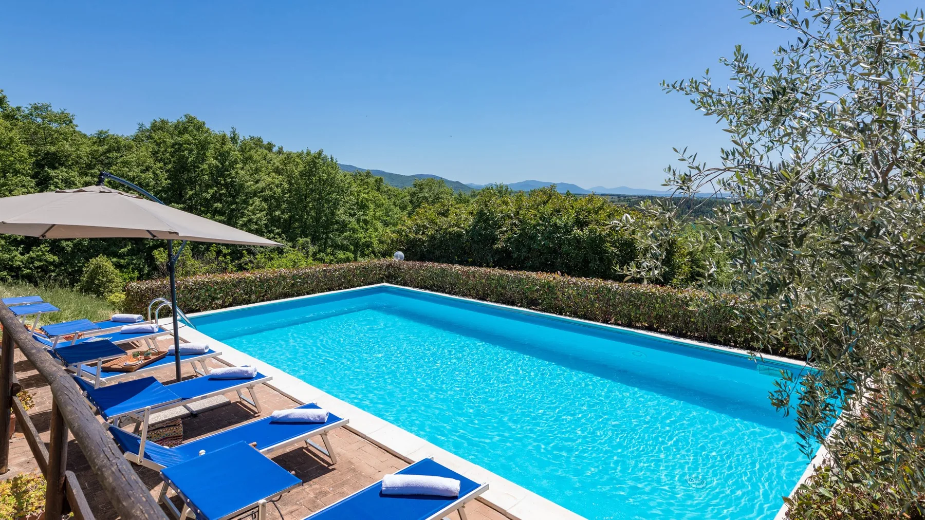 Una piscina al aire libre está rodeada de tumbonas azules y árboles verdes.