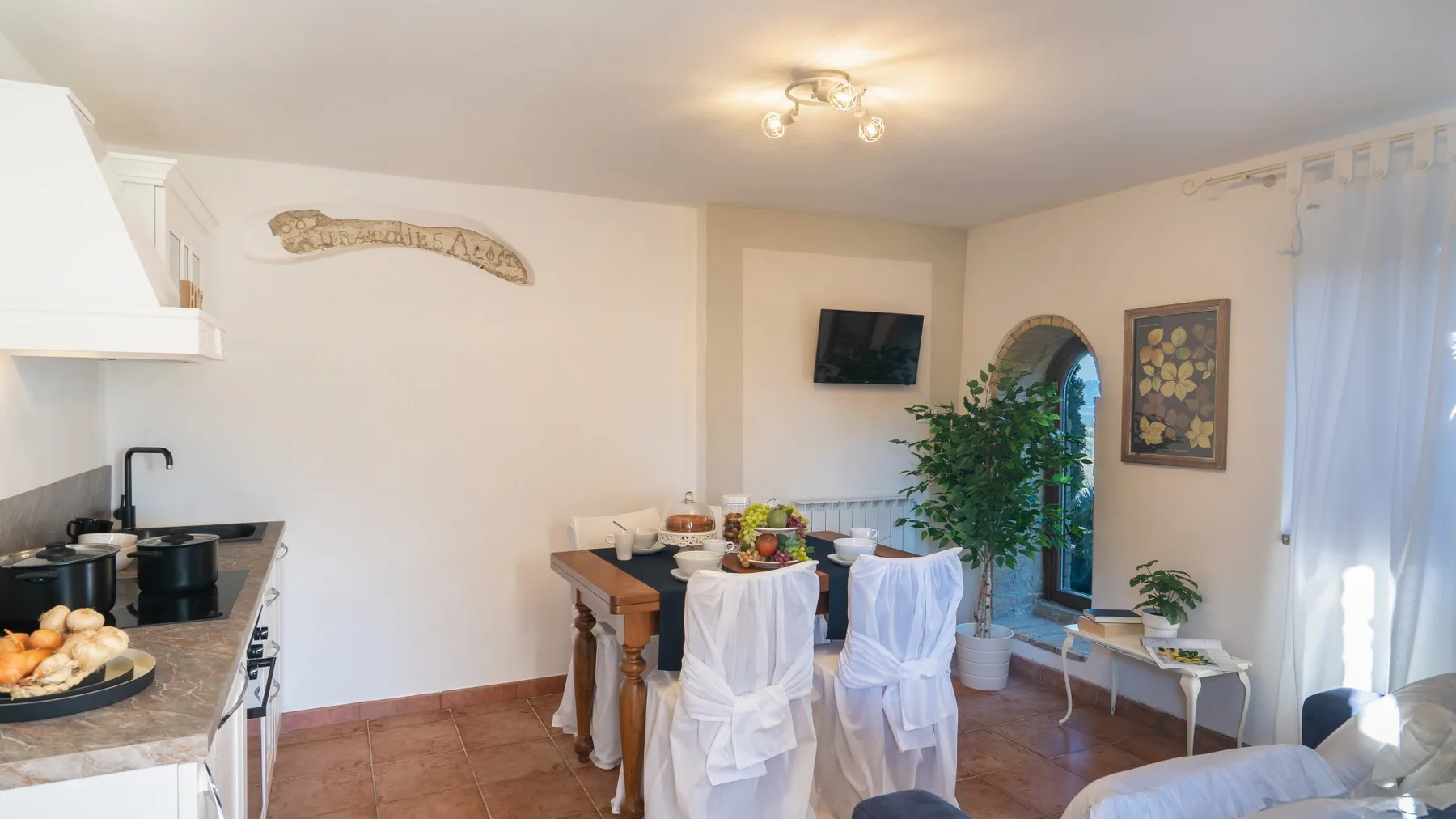 Comedor con una mesa puesta y plantas frondosas junto a la ventana.