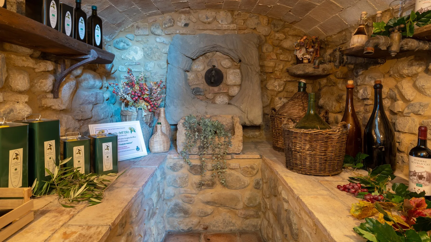 Una bodega rústica de piedra exhibe botellas, cestas y plantas decorativas en estantes.