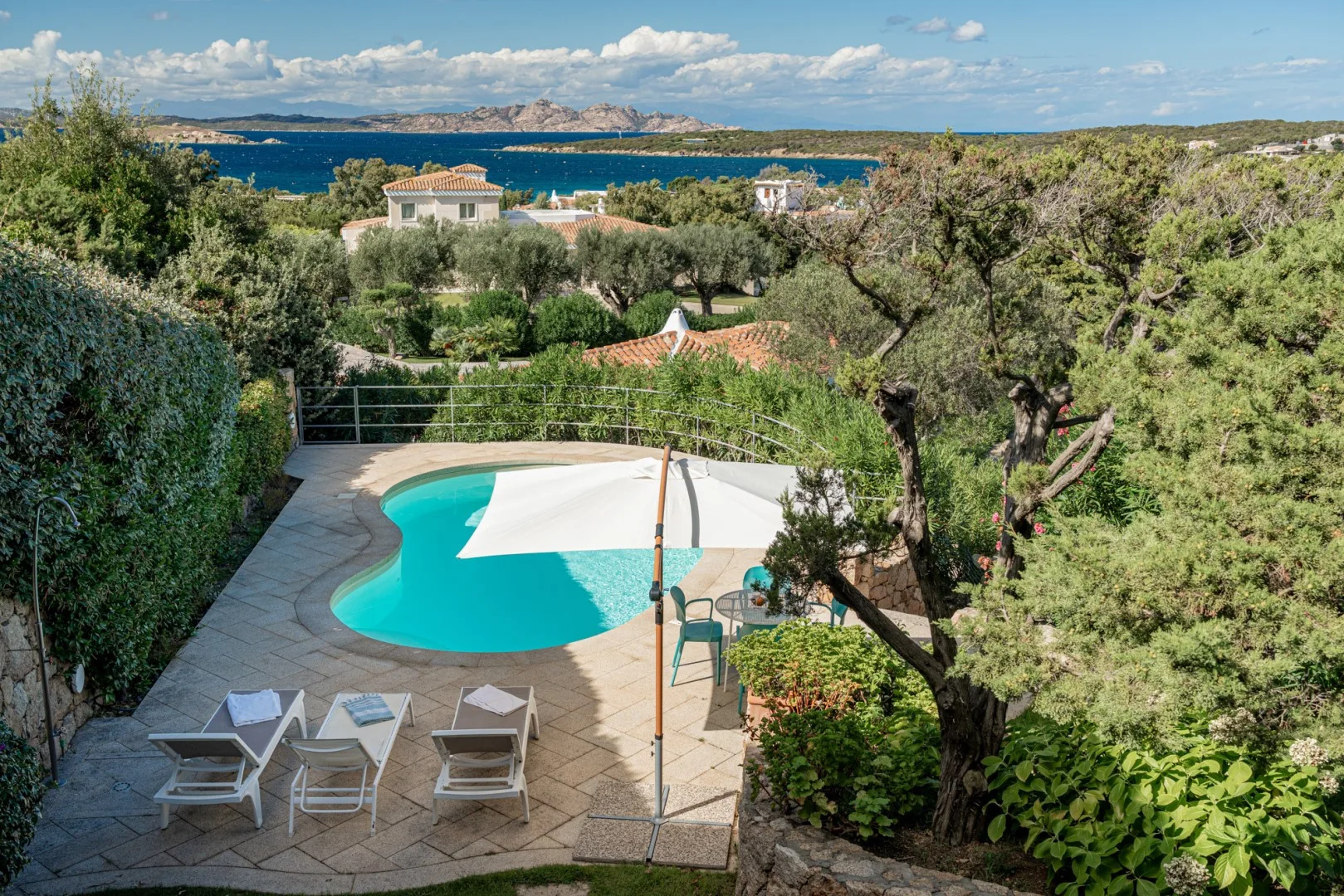 A swimming pool and patio overlook a tree-filled landscape and the sea.