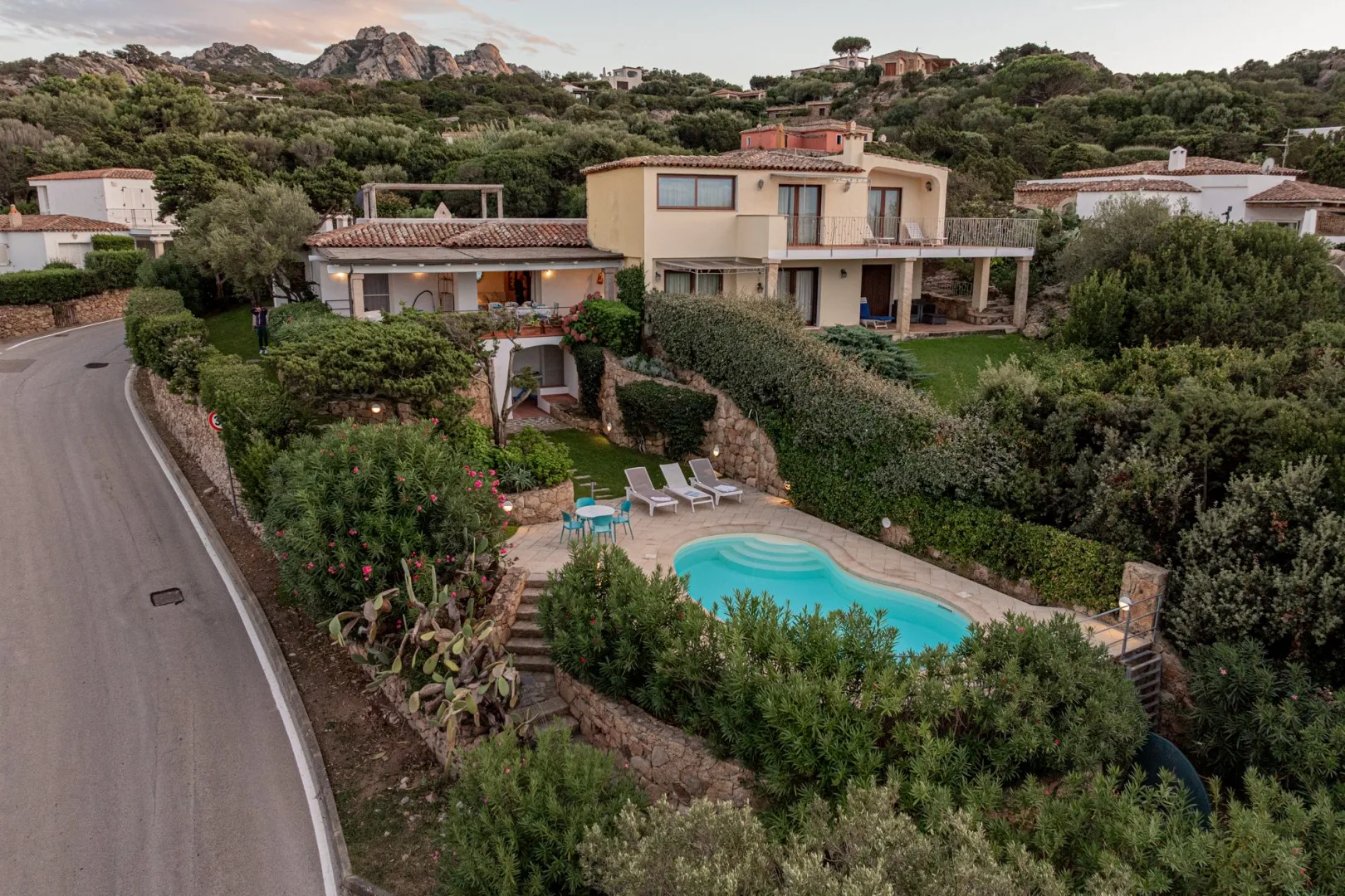 Aerial view of a house and curved swimming pool amid landscaped gardens.