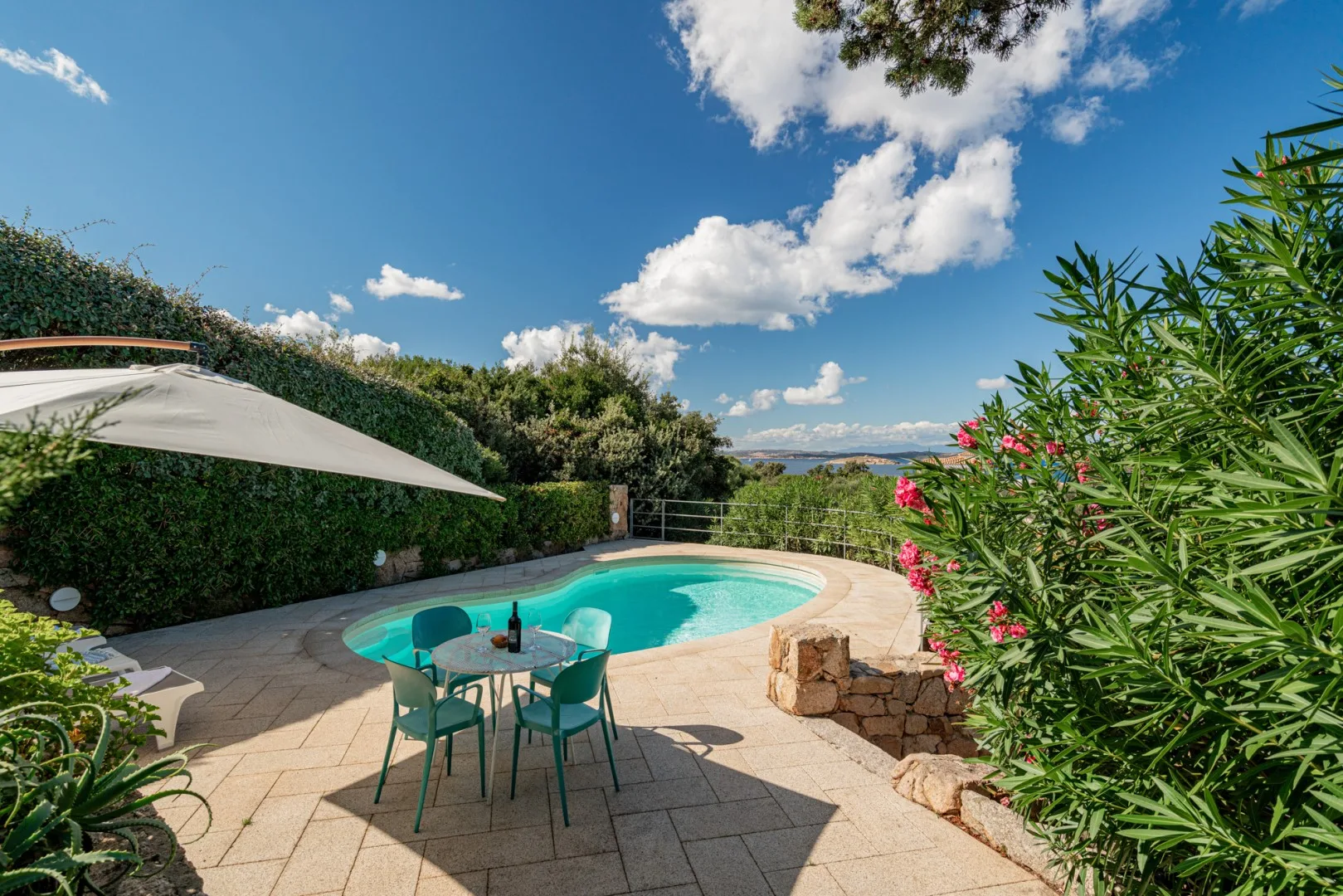 An outdoor pool and patio sit among leafy plants beneath a bright blue sky.