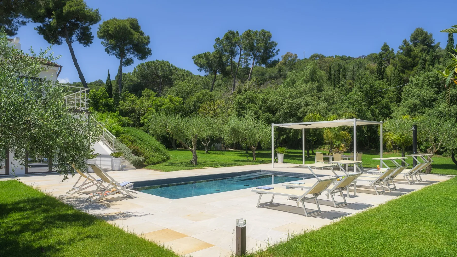 An outdoor swimming pool sits beside a lawn and wooded greenery.
