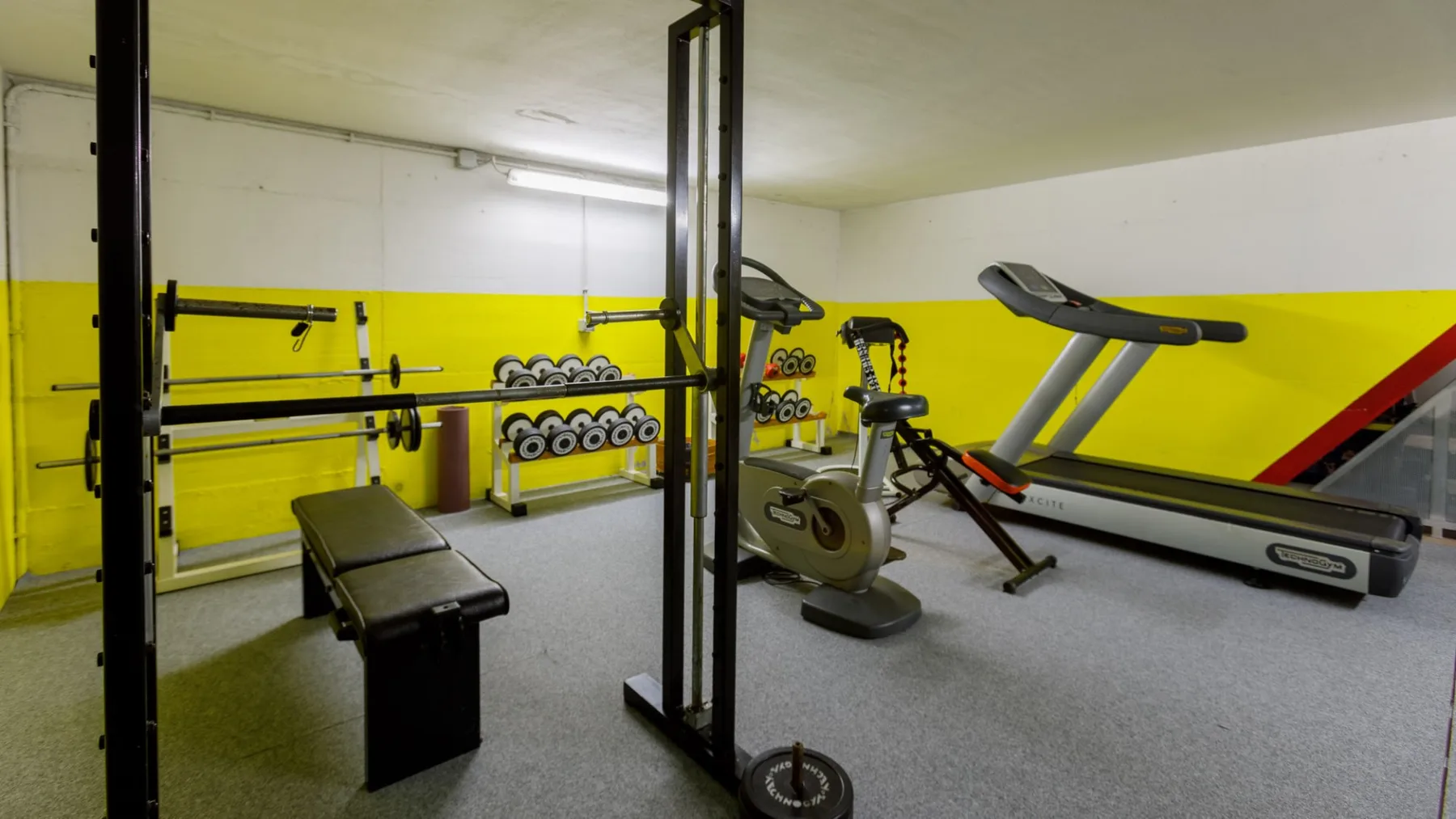 Un gimnasio con equipo de pesas, una bicicleta estática y una cinta de correr.