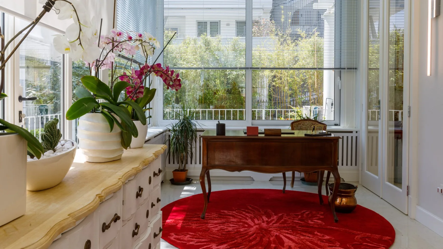 Una habitación luminosa con un escritorio de madera, una alfombra roja y grandes ventanas.