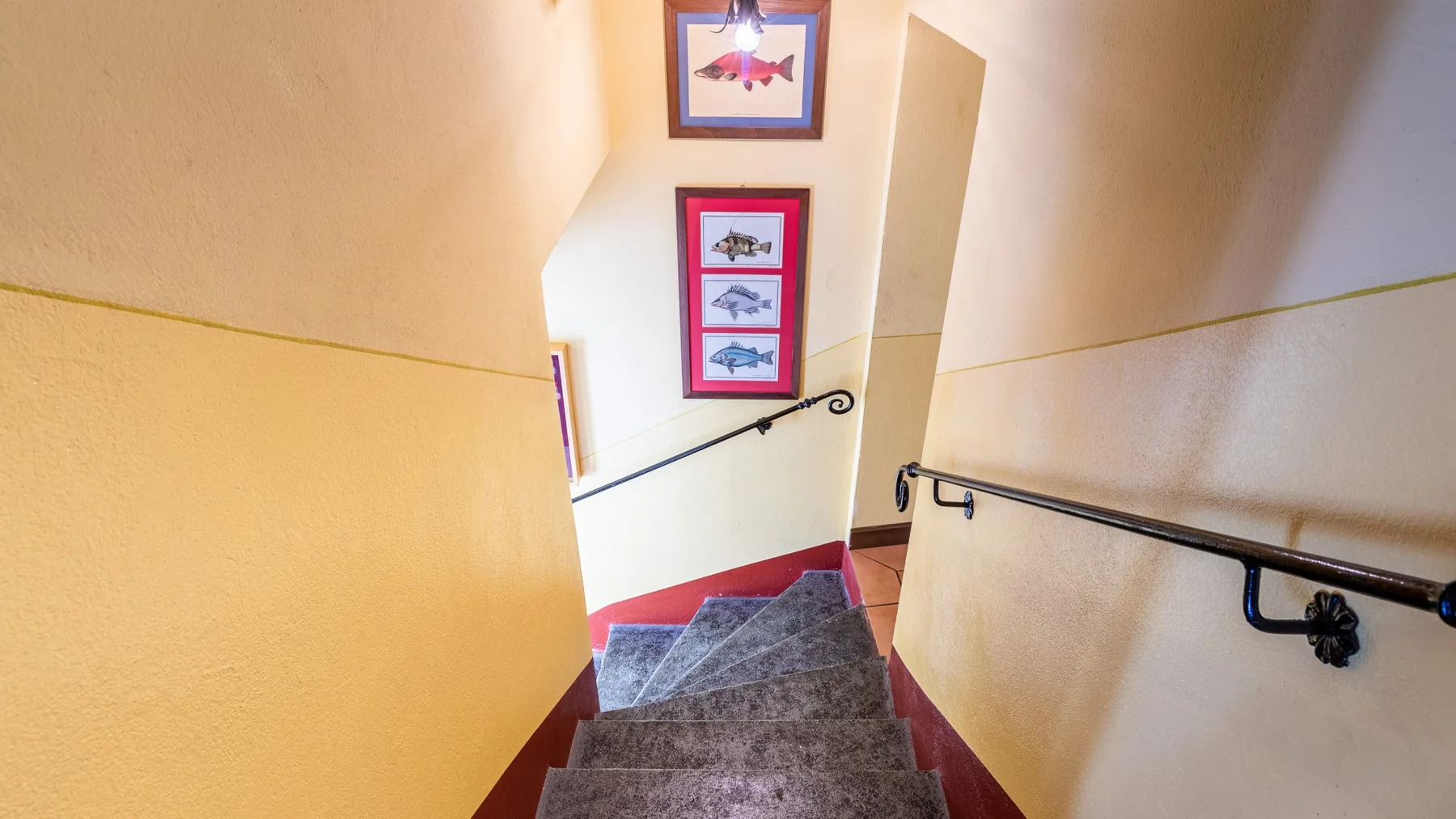 An indoor staircase descends between pale walls with framed pictures and handrails.
